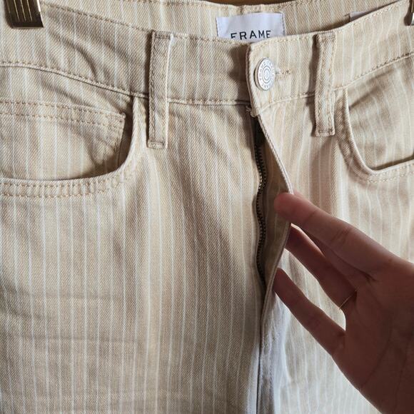 Frame Le Jane Crop Striped High Rise Straight Leg Jean Sand 27 Raw Cuff - Picture 4 of 5